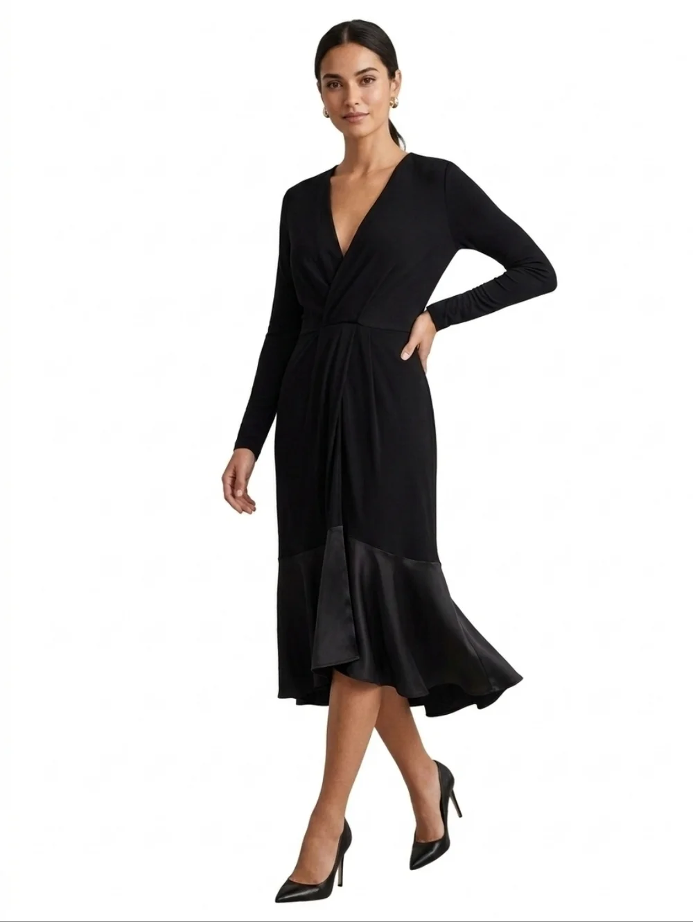 derek lam silk dress Derek Lam New York Silk Blend Black V-neck Long Sleeves A-line Midi Dress 8  M